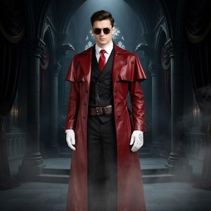 以下が含まれることがあります： 黒いベスト、シャツ、ネクタイの上に着用された、お揃いのケープが付いたバーガンディのレザートレンチコート。 コートにはベルトが付いており、黒いパンツと白い手袋と組み合わせています。 背景はゴシック様式のインテリアです。