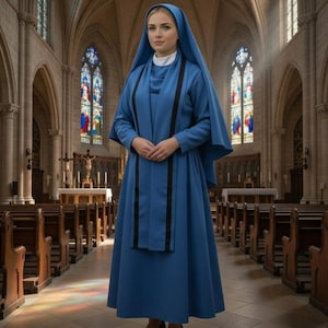 Può includere: Una persona in un abito blu è in piedi in una chiesa. L'abito comprende un abito lungo, un copricapo e un colletto bianco. La chiesa ha vetrate e banchi di legno.