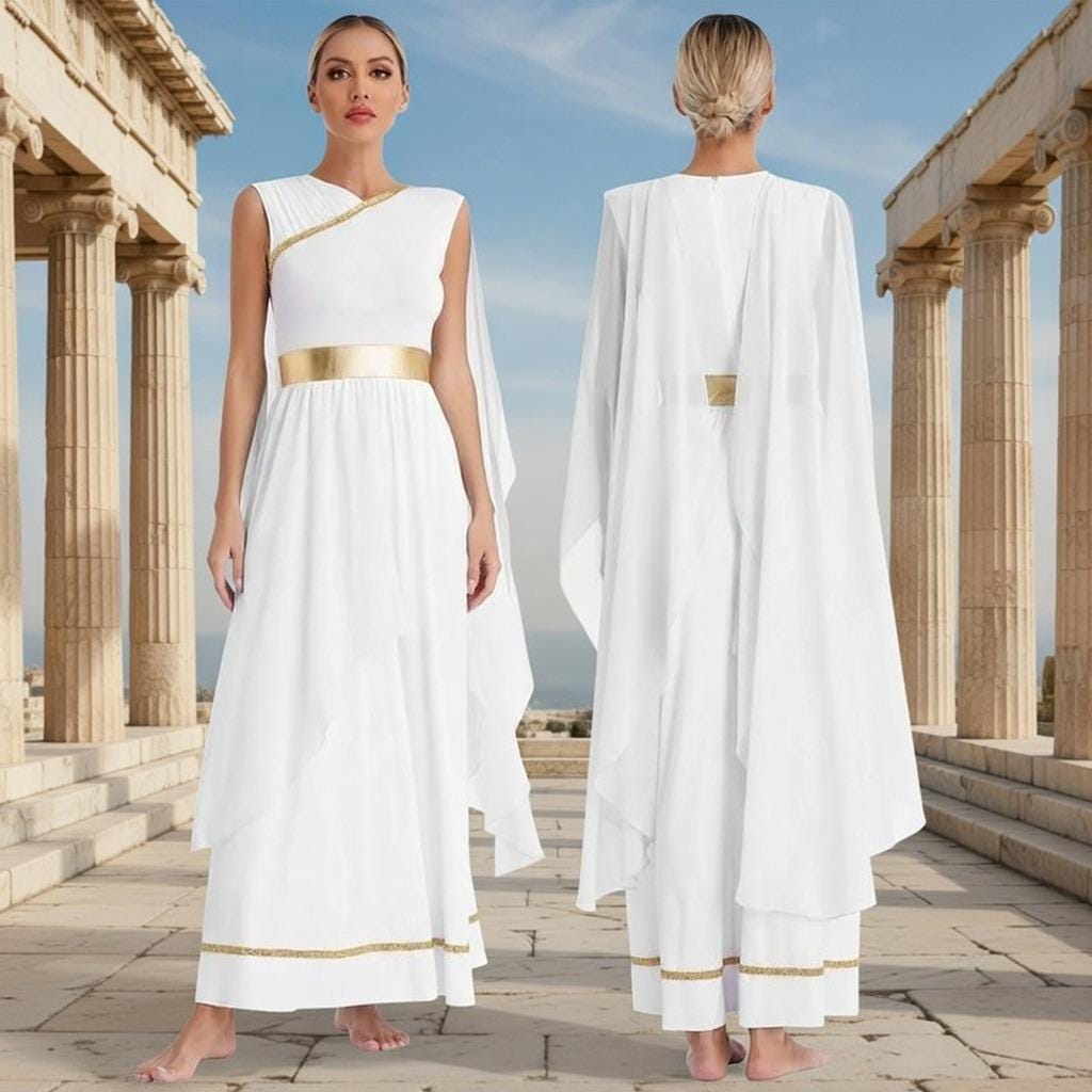 white gold grecian dress Greek Goddess Dress, White Grecian Maxi with Gold Belt, Ancient Greek Costume