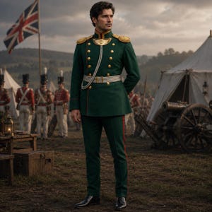 May include: A dark green military-style uniform jacket with gold buttons, gold shoulder epaulets, and a white cord detail, paired with matching green trousers featuring a thin red side stripe and a white belt with a gold buckle.