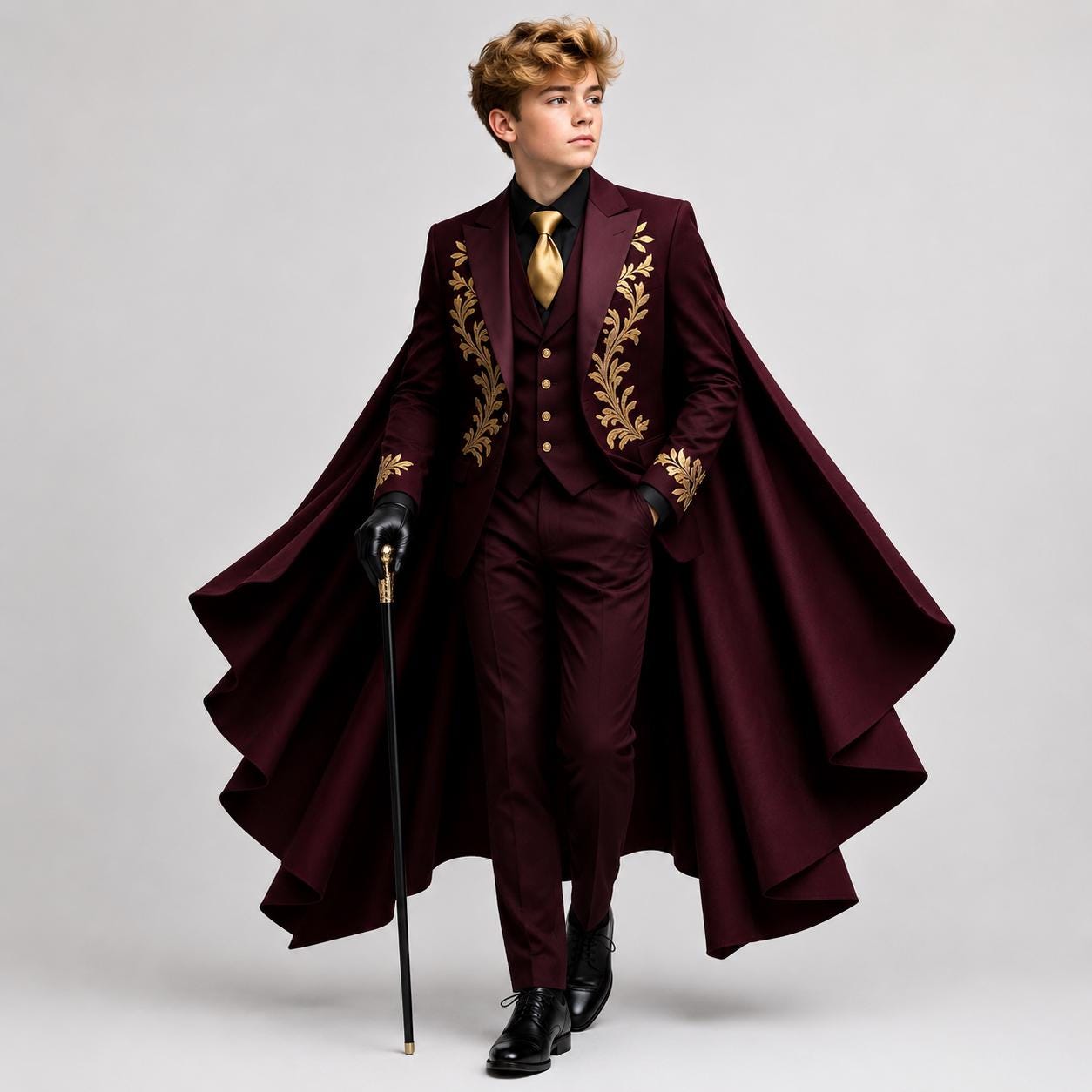 Boy's Burgundy Gothic Tailcoat Suit with Cape - Gold Embroidered Steampunk Vampire Formal Wear