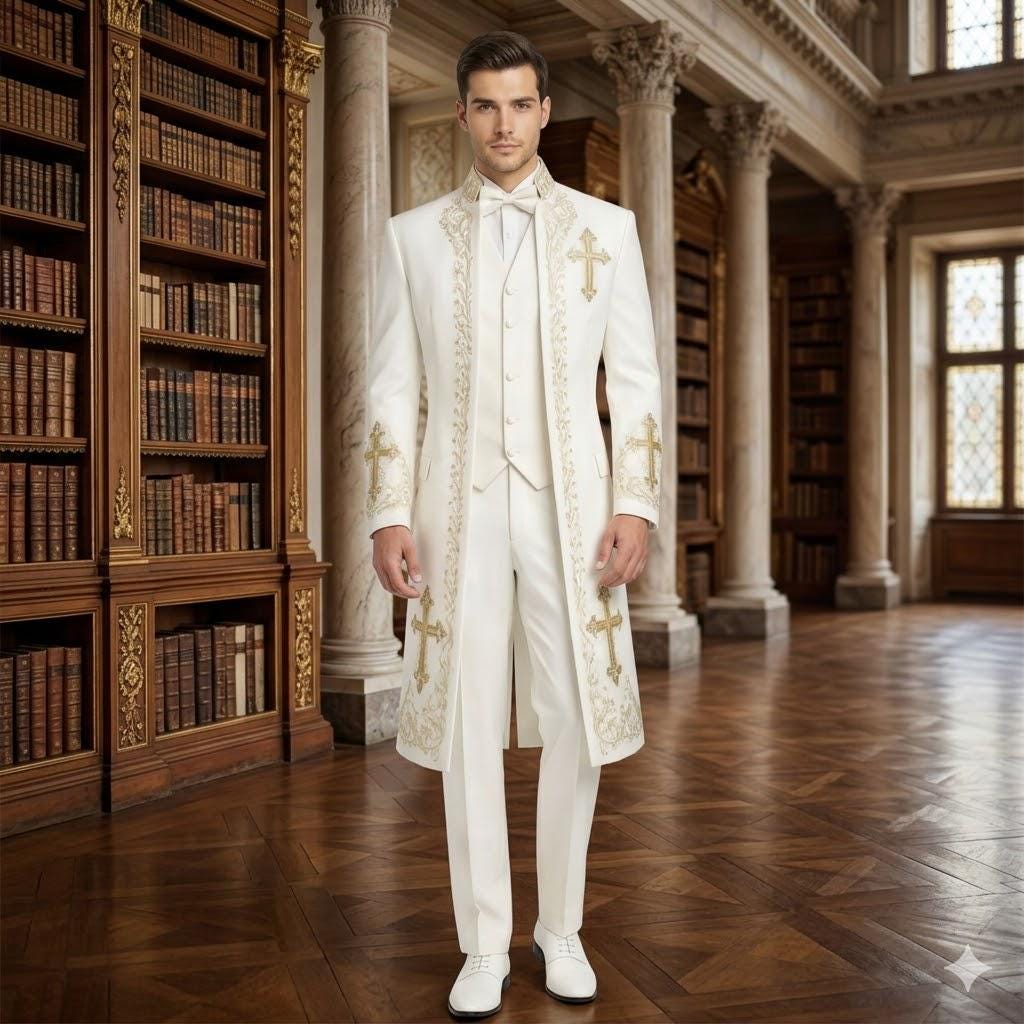 Men's White Cotton Clergy Suit - Embroidered Long Coat, Vest, Pants Set