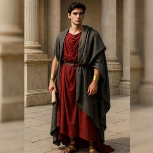 May include: A person wearing a Roman-style outfit. The outfit includes a red tunic, a gray cloak, and brown sandals. Gold arm cuffs and a brown belt complete the look. The person is holding a rolled parchment.