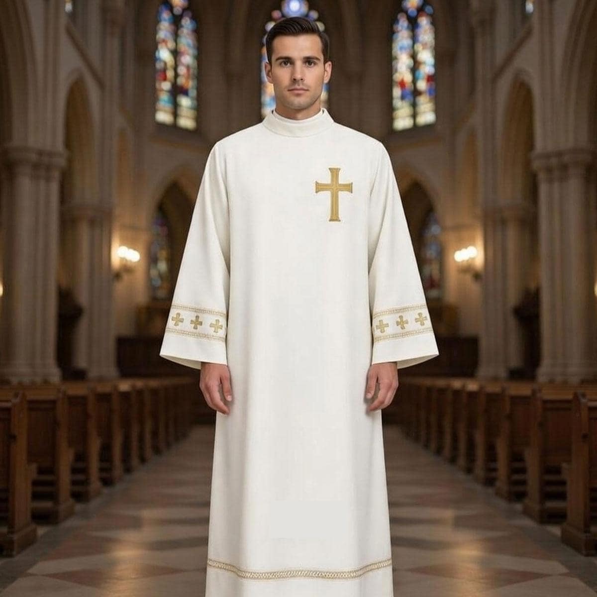 White Priest Robe With Gold Cross – Traditional Church Cassock for Men ...