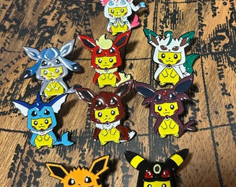 Pikachu Cosplaying Eeveelutions Enamel Pins – Eevee Collectible Pokémon Inspired Pin Set