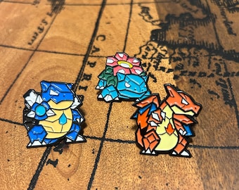 Crystal Pokemon Enamel Pins - Blastoise, Venusaur + Charizard Gemstone Style Pins - Gamer & Collector Gift