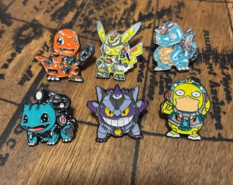 Mecha Pokémon Enamel Pins - Futuristic Anime Pin Collection - Robot Pikachu, Charmander, Squirtle, Bulbasaur, Gengar