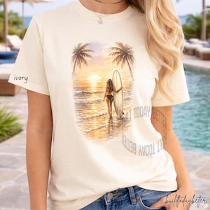 Surfer Girl Shirt, Beach Sunset Tee, Palm Tree Coastal Shirt, Comfort Colors 1717 Gift for Her