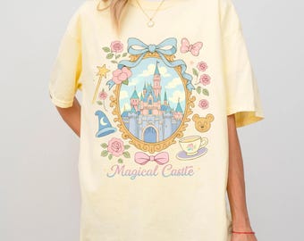 Comfort Colors Magical Castle Fairycore-tröja, söt prinsessa med grafisk design, Coquette Rosett-tröja för mamma, Disney Castle Coquette Rosett-tröja