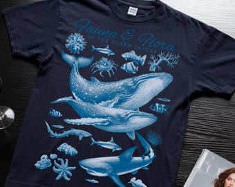 Havsfauna Flora-tröja, marint liv grafisk t-shirt, valhaj havströja, havsdjur illustration t-shirt, nautisk estetik t-shirt