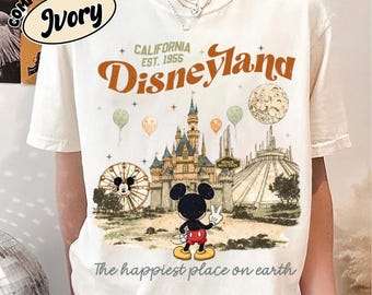 Vintage Disneyland-skjorta, Musse Pigg-tröja med grafisk design, T-shirt med den lyckligaste platsen på jorden, Walt Disneyworld-tröja, Disney-resa Disney-semester-tröja