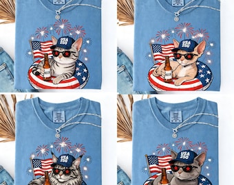 Patriotiska katter: 4 juli kattkomfortfärger T-shirts, USA 250 katt T-shirt, självständighetsdagen-present, specialanpassad, USA-flagga, fyrverkerier