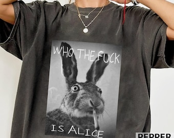 Rolig kaningrafik-t-shirt, vem fan är Alice-tröja, vintage meme-t-shirt, edgy humor unisex-t-shirt, svart estetisk streetwear-gåva