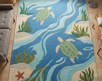 Alfombra de tortuga marina, alfombra con temática oceánica, alfombra de lana tejida a mano, alfombra costera para guardería, alfombra para habitación infantil, decoración para casa de playa, tamaño personalizado