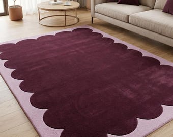 Scalloped Tufted Rug, Burgundy & Pink Area Rug, Handmade Modern Rug, Custom Size Rug, Minimalist Living Room Decor