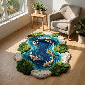 May include: A circular area rug featuring a layered blue pond design with five koi fish in orange, white, and black patterns. The rug is bordered by textured green moss-like tufts and smooth light grey stone shapes, creating a pond landscape.