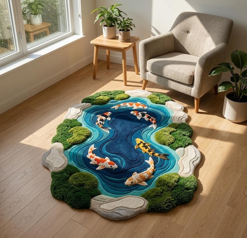 May include: A circular area rug featuring a layered blue pond design with five koi fish in orange, white, and black patterns. The rug is bordered by textured green moss-like tufts and smooth light grey stone shapes, creating a pond landscape.