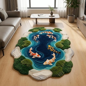 May include: An oval-shaped area rug featuring a layered pond design with shades of deep blue and turquoise water. The rug includes five koi fish in orange, white, and black, surrounded by textured green moss-like patches and light beige stone accents.
