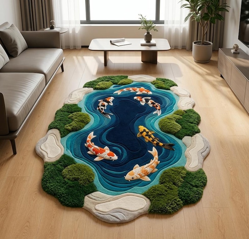 May include: An oval-shaped area rug featuring a layered pond design with shades of deep blue and turquoise water. The rug includes five koi fish in orange, white, and black, surrounded by textured green moss-like patches and light beige stone accents.