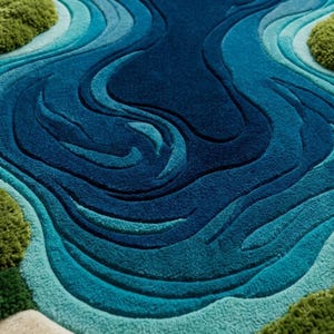 May include: A tufted rug featuring a textured, layered design with deep blue, teal, and light blue swirling patterns that mimic flowing water. The edges are accented with raised, moss-green tufted sections that resemble patches of land.