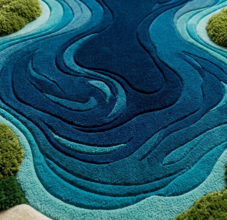 May include: A tufted rug featuring a textured, layered design with deep blue, teal, and light blue swirling patterns that mimic flowing water. The edges are accented with raised, moss-green tufted sections that resemble patches of land.