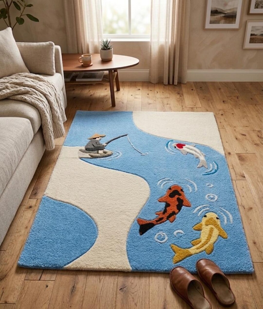 Koi Fish Rug, Fishing Scene Area Rug, Handmade Tufted Carpet, Modern ...
