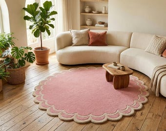 Pink Scalloped Round Rug, Hand Tufted Wool Rug, Cute Pastel Circle Rug, Custom Size Area Rug, Soft Kids Room Nursery Rug