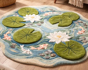 Hand Tufted Wool Koi Pond Rug, Lily Pad Water Garden Area Rug