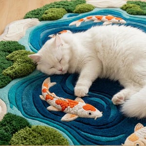 May include: A plush area rug featuring a pond design with layered shades of blue, textured green moss-like patches, and three orange and white koi fish. A fluffy white cat is lying on the rug, resting its head near one of the koi fish figures.