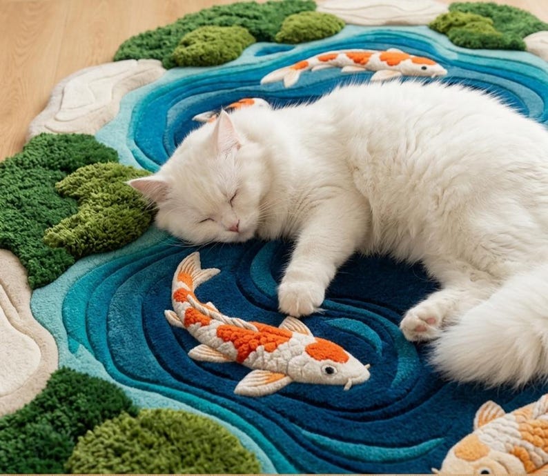 May include: A plush area rug featuring a pond design with layered shades of blue, textured green moss-like patches, and three orange and white koi fish. A fluffy white cat is lying on the rug, resting its head near one of the koi fish figures.