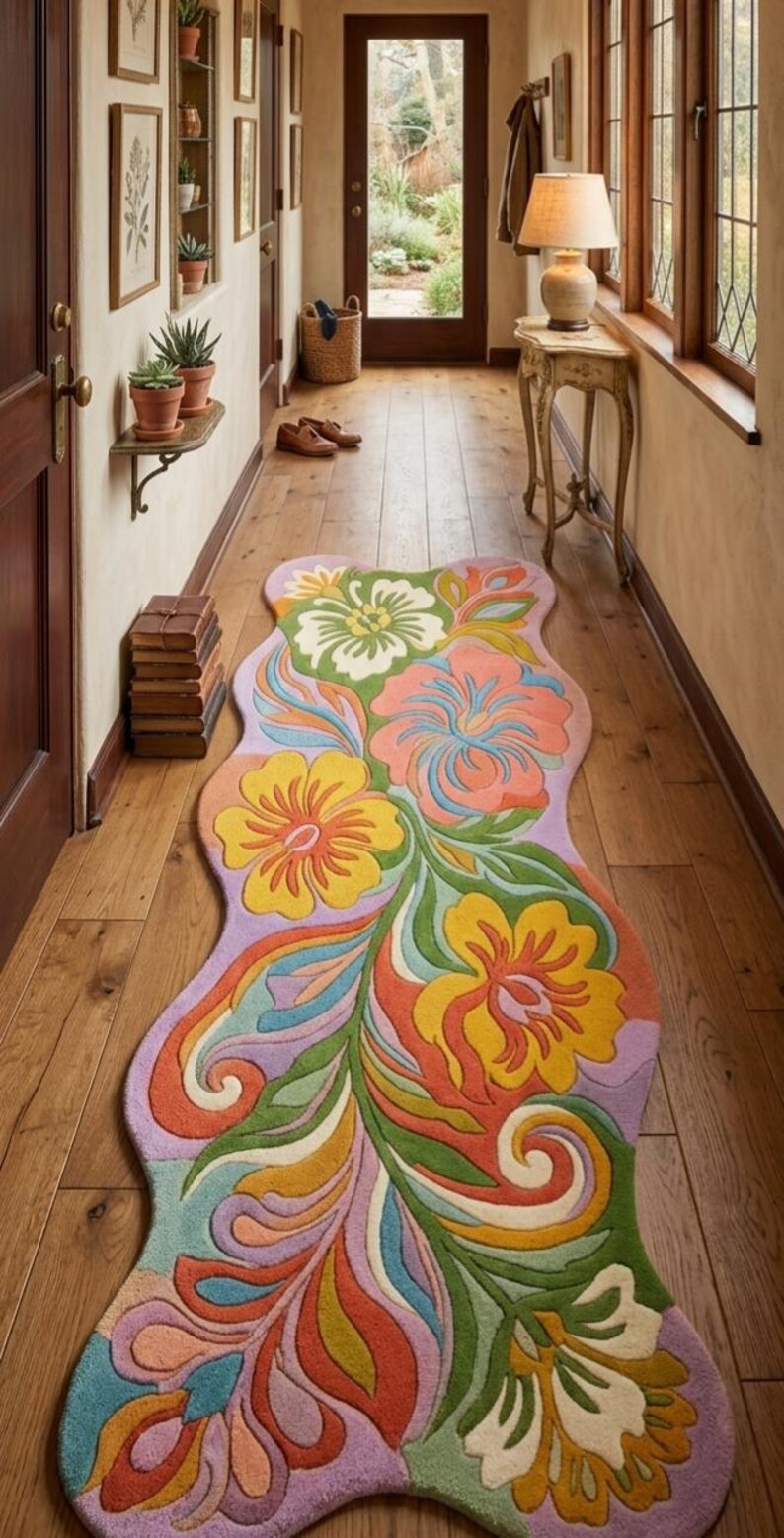 Unique Shape Runner Rug Colorful Floral Runner Rug, Handmade Wool Tufted Rug, Irregular Shape ...