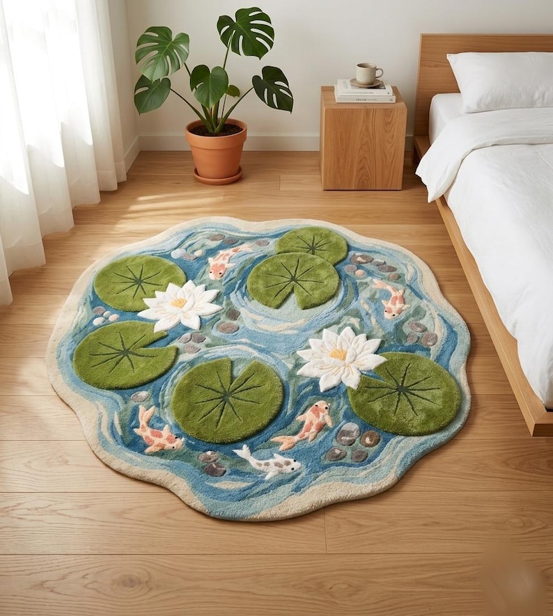 Pond Colors Rug Hand Tufted Wool Koi Pond Rug, Lily Pad Water Garden Area Rug - Etsy