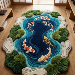 Handmade koi pond rug featuring colorful koi fish and flowing water design