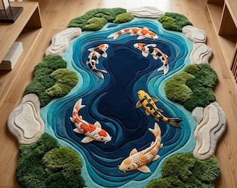 May include: An oval-shaped area rug featuring a pond design with five koi fish in orange, white, black, and yellow. The rug includes textured green moss-like borders and light grey stone-shaped edges surrounding the deep blue water ripples.