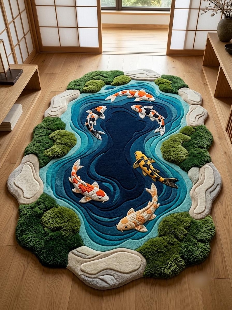 Handmade koi pond rug featuring colorful koi fish and flowing water design