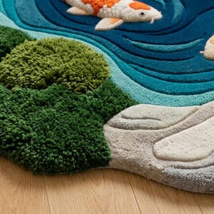 May include: A tufted rug featuring a pond scene with two white and orange koi fish swimming in deep blue water. The design includes a textured green mossy bank and light grey stone elements along the edge, creating a layered, dimensional effect.