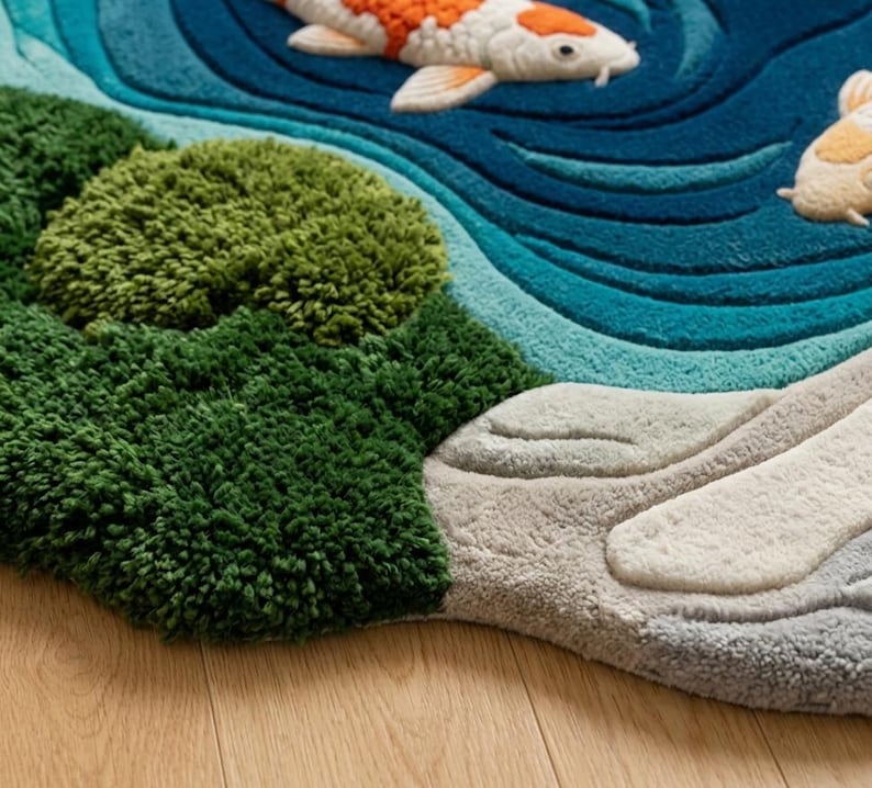 May include: A tufted rug featuring a pond scene with two white and orange koi fish swimming in deep blue water. The design includes a textured green mossy bank and light grey stone elements along the edge, creating a layered, dimensional effect.