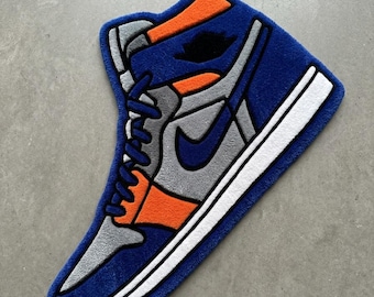 Custom Sneaker Rug, Hand Tufted Hypebeast Decor, Blue and Orange Basketball Shoe Area Rug, Large Tufted Carpet for Bedroom, Sneakerhead Gift