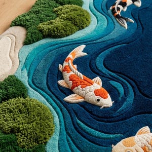 May include: A tufted rug featuring a pond scene with three koi fish in orange, white, and black. The design includes textured green moss-like patches, light beige stone-like borders, and swirling blue water patterns in varying shades of deep blue.