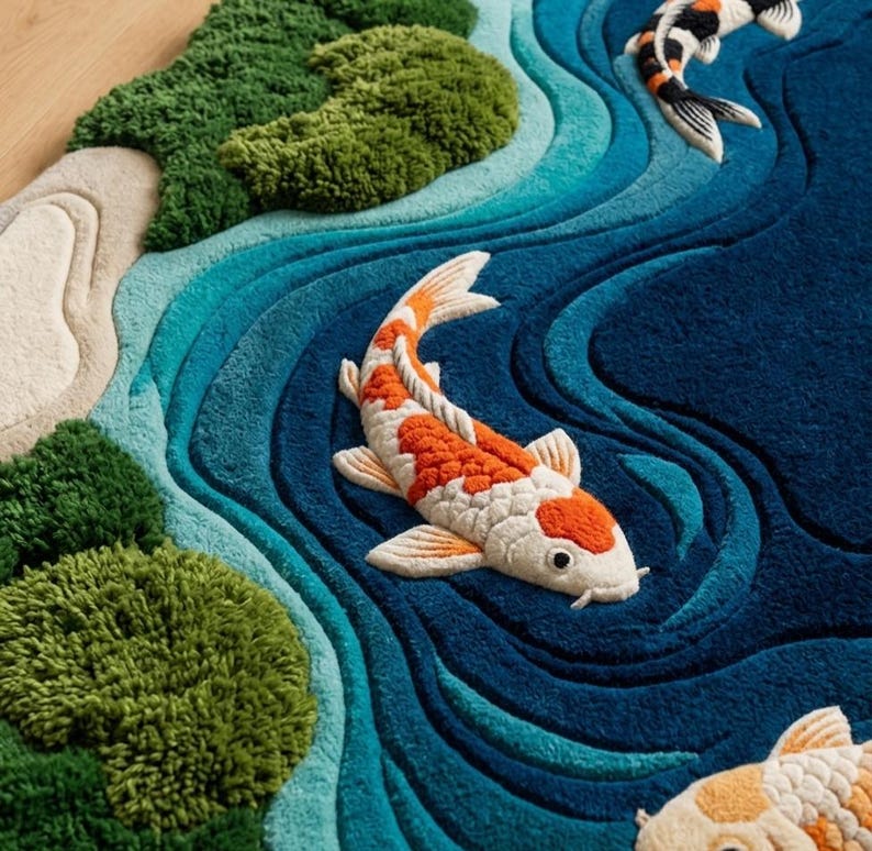 May include: A tufted rug featuring a pond scene with three koi fish in orange, white, and black. The design includes textured green moss-like patches, light beige stone-like borders, and swirling blue water patterns in varying shades of deep blue.