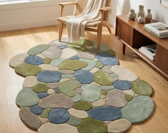 Alfombra de guijarros con mechones, alfombra de área de forma orgánica, alfombra de lana cortada hecha a mano, alfombra de piedras de río, alfombra natural moderna, decoración estética para el hogar