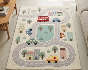 Pastel Kids Road Rug, Hand Tufted Wool Play Mat, Soft City Map Nursery Carpet, Montessori Playroom Decor, Car Track Rug, Large Kids Area Rug