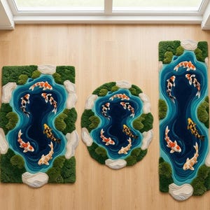 May include: Three rugs featuring a koi pond design with layered blue water, white stone borders, and green moss-like textures. The rugs display multiple koi fish in orange, white, black, and yellow patterns, arranged in rectangular, circular, and runner shapes.