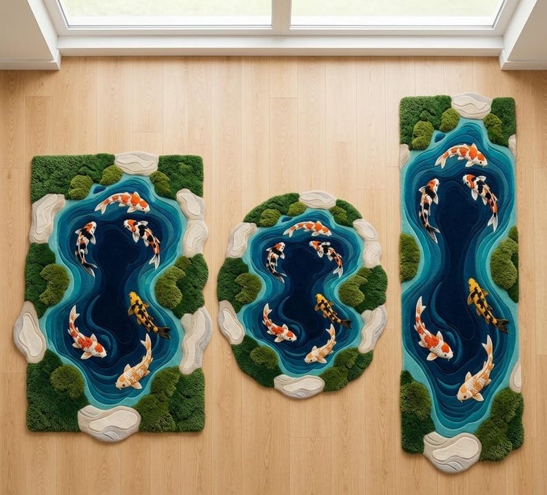 May include: Three rugs featuring a koi pond design with layered blue water, white stone borders, and green moss-like textures. The rugs display multiple koi fish in orange, white, black, and yellow patterns, arranged in rectangular, circular, and runner shapes.