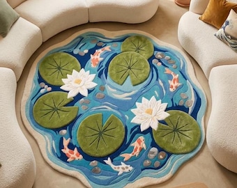 Hand Tufted Wool Koi Pond Rug, Lily Pad Water Garden Area Rug