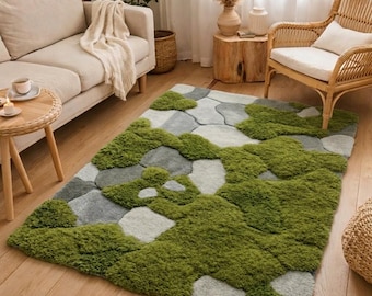 Alfombra de musgo tejida a mano, alfombra de lujo para áreas verdes con diseño de camino de piedra orgánica esculpida