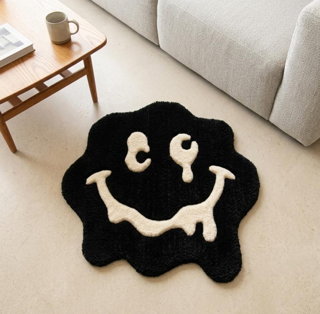Tufted Smiley Face Rug, Melting Smile Rug, Black and White Dripping ...