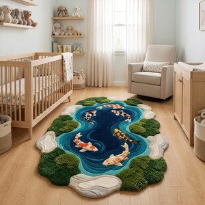 May include: An oval-shaped area rug featuring a layered blue pond design with multiple koi fish in shades of orange, white, and black. The rug is bordered by textured green moss-like patches and light grey stone-shaped accents on the floor.