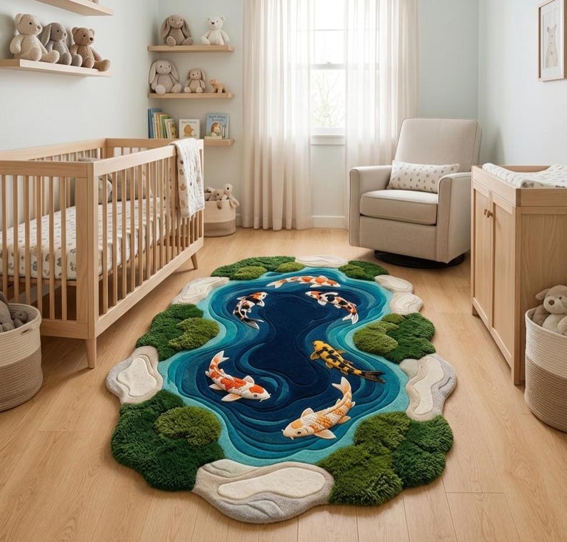 May include: An oval-shaped area rug featuring a layered blue pond design with multiple koi fish in shades of orange, white, and black. The rug is bordered by textured green moss-like patches and light grey stone-shaped accents on the floor.