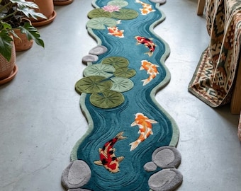 Koi Pond Runner Rug, Hand Tufted Fish Area Rug, 3D Water Lily Pond Carpet, Aesthetic Hallway Runner, Wool Japanese Garden Rug